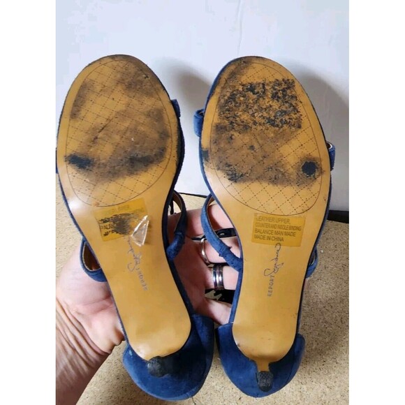 Report Elle Stiletto Heels Blue Suede Size 6.5 Fringe Strappy 4” Heel - Picture 7 of 10